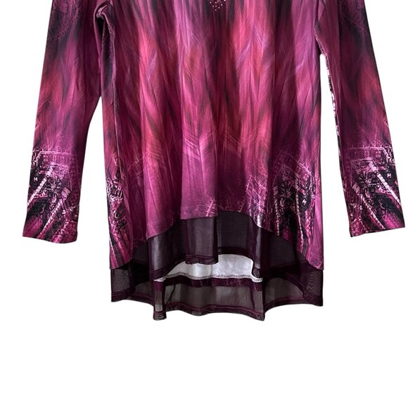 One World Tunic Top Size Medium Mesh Skirted Hem Brushed Knit Pink Purple Hi Low - Picture 4 of 8